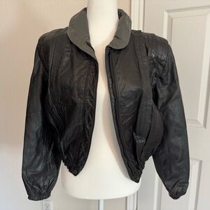 Vintage! GORGEOUS black leather jacket with grey leather trim. Size 11 VGUC!!